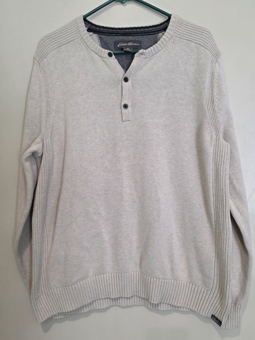 Eddie Bauer Men's Light Cream Henley Crewneck Sweater Casual Cotton Cozy
